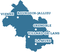 Carte de l'Isère affichant les villes : Vienne, Bourgoin-Jallieu, Grenoble, Villard de Lans, La Mure