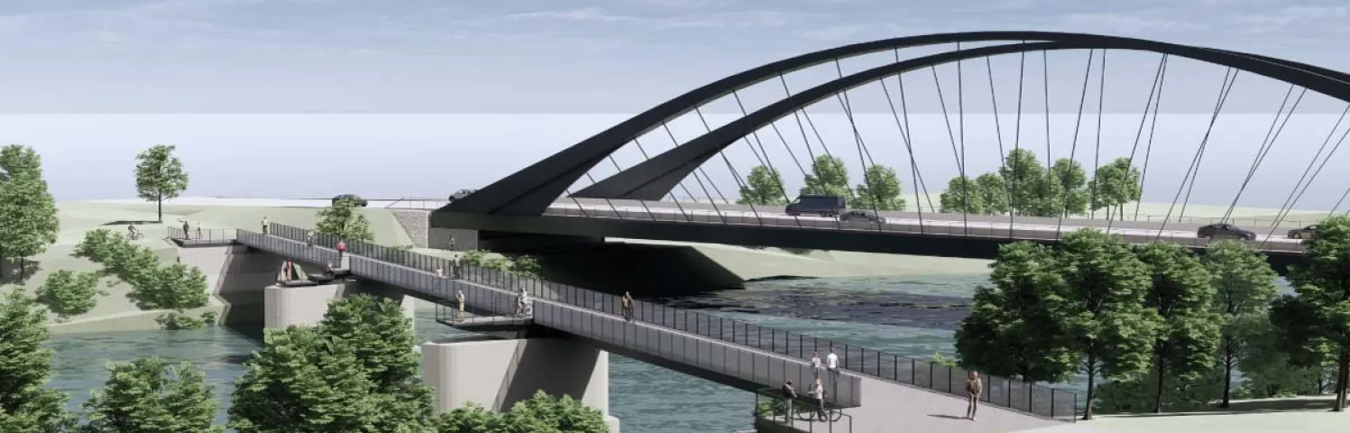 Vue 3D de la passerelle piétons cycles et du futur pont de Brignoud