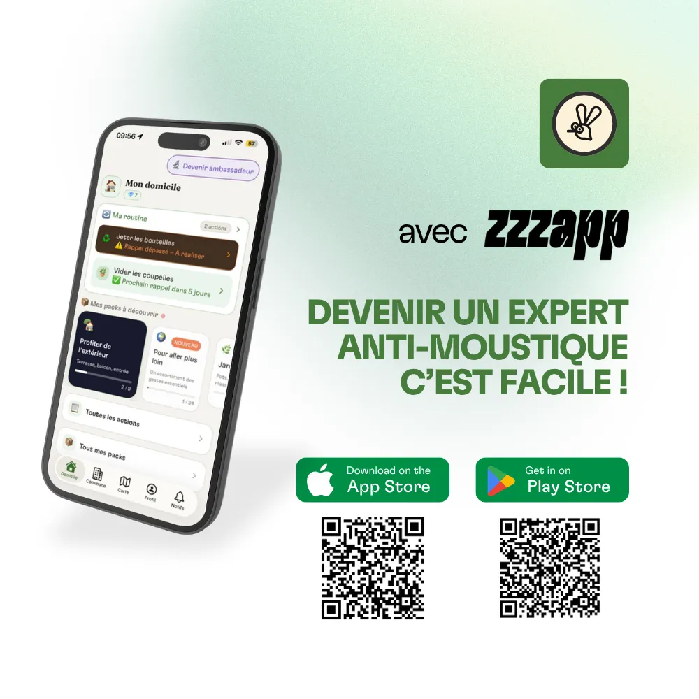 Affiche promotionnelle de l'application Zzzapp avec son interface et des QR codes de téléchargement